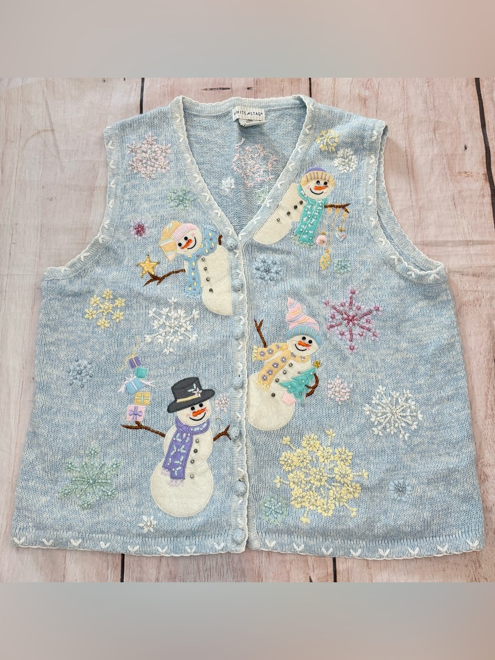 Vintage Clothing Ugly Christmas Vest - White Stag - Large L - Blue - Snowmen